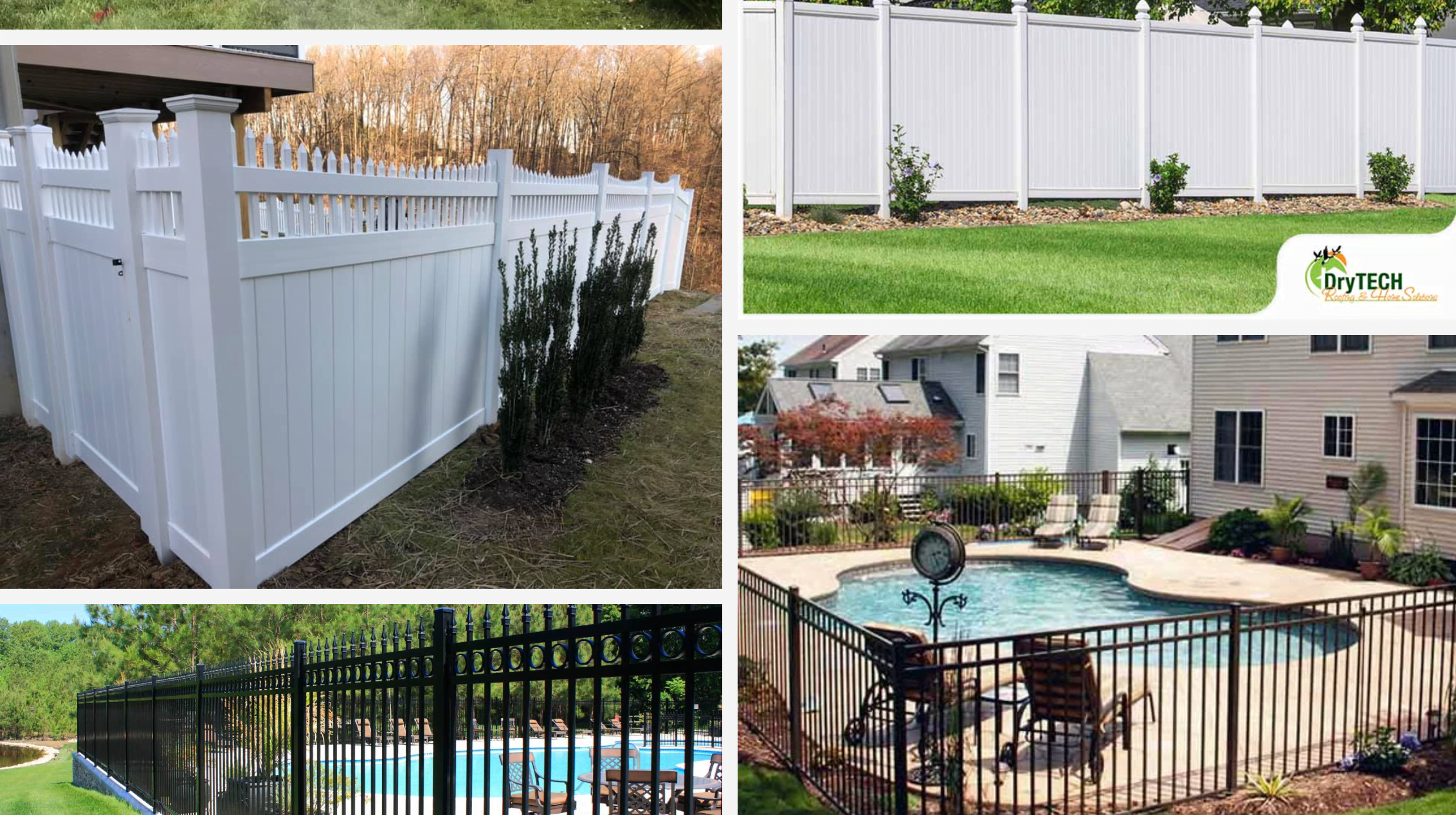 Fence Types Various fence styles including white vinyl and black metal enclosing yards and a swimming pool in different settings.